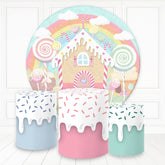 Cremig Süßigkeiten Haus Und Regenbogen Runden Geburtstag Hintergrund Bausatz